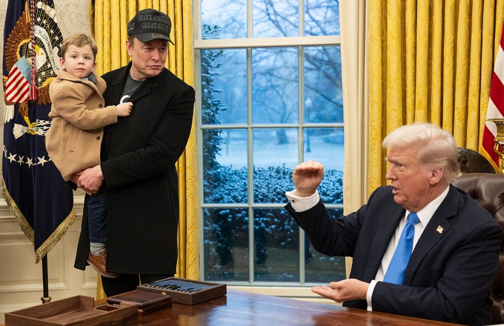 President Donald Trump with reporters, Elon Musk and X Æ A-Xii in the White House Oval Office on February 11, 2025