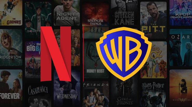 Graphic showing potential Netflix Warner Bros merger with some select programs as a backdrop
