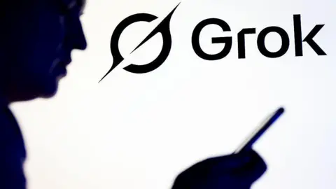 Silhouette of a person holding a smartphone in front of the Grok and X logos