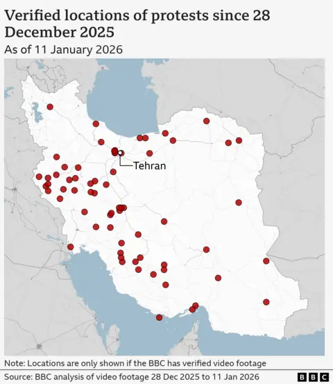 Map showing verified locations of protests in Iran as of 11 January 2026.