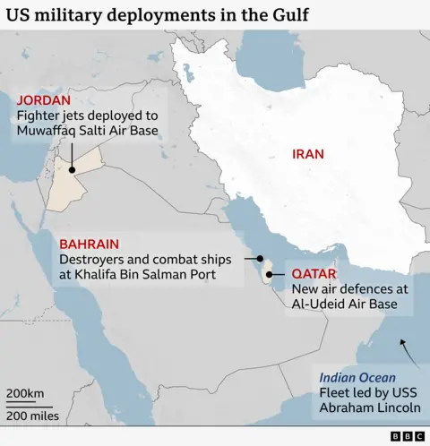 Map showing recent US military deployments around Iran in the Gulf region