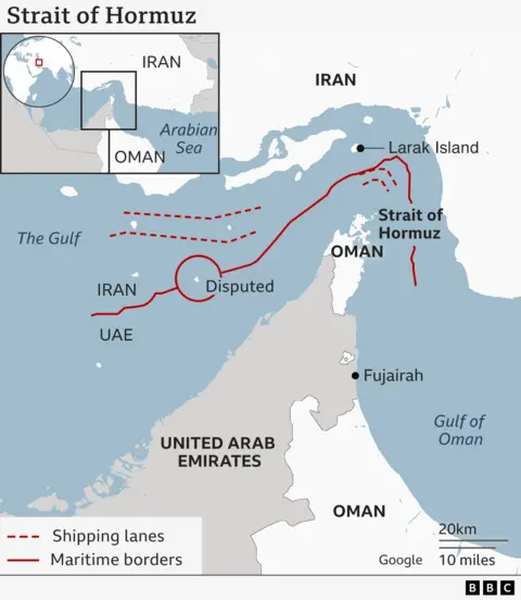 Map of the Strait of Hormuz, a key route for global oil transport between Iran and the Arabian Peninsula