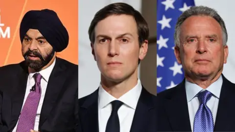 Composite image of Ajay Banga, Jared Kushner and Steve Witkoff (Getty Images/EPA)