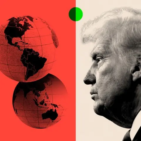 Donald Trump in profile beside two globes, symbolizing US power in a changing world order