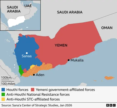 Map showing Yemeni government-affiliated forces now controlling much of eastern Yemen, including Mukalla, after UAE withdrawal.