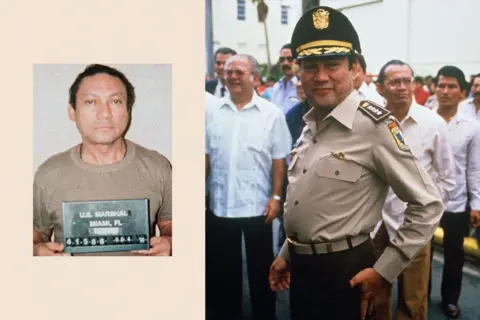 Composite showing Manuel Noriega in US custody alongside an earlier photo of him in military uniform