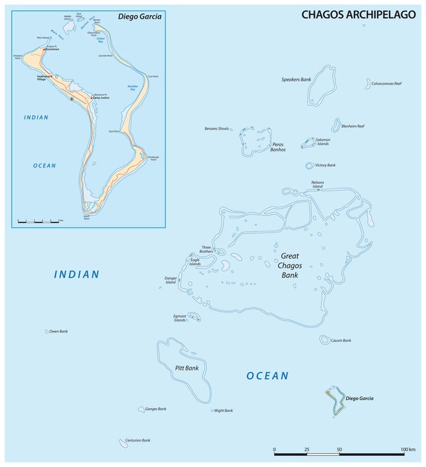 A map shows the Chagos Archipelago, a British Indian Ocean Territory, that the U.K. agreed in 2024 to hand sovereignty of to Mauritius.