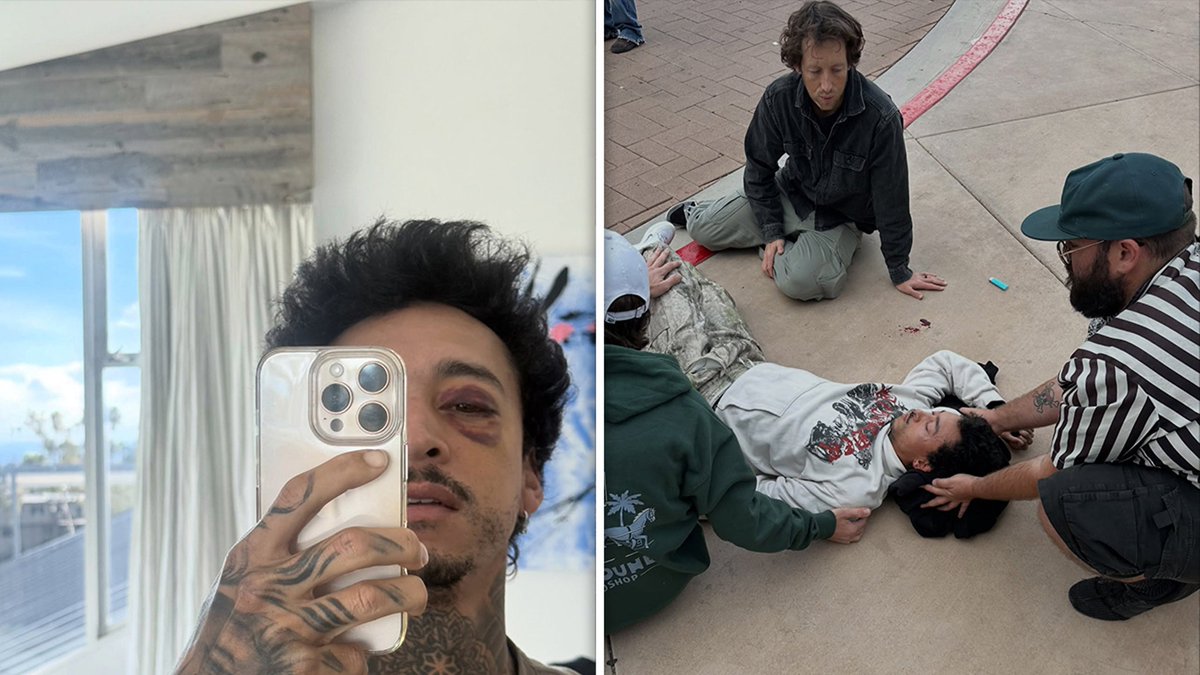 A collage of photos showing Nyjah Huston in the hospital and recovering following his injury.