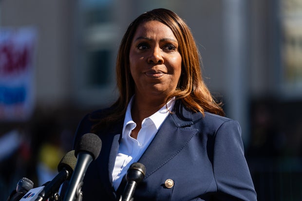 Letitia James, New York attorney general, speaks outside federal court in Norfolk, Virginia, on Oct. 24, 2025.
