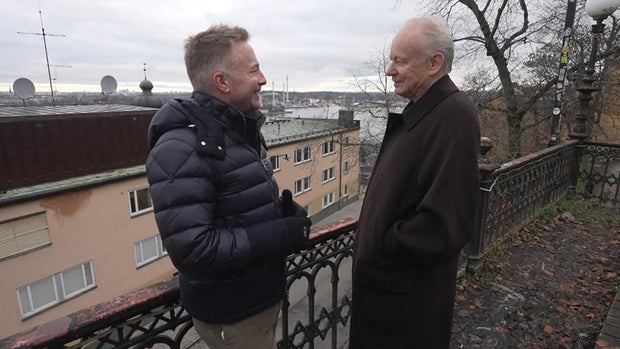 Correspondent Seth Doane with actor Stellan Skarsgard in Stockholm (CBS News).
