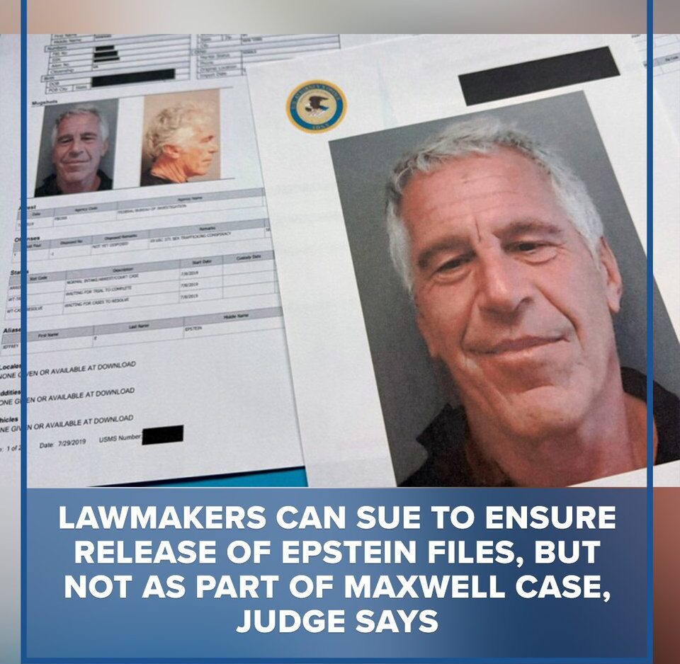 WMAR-2 News social graphic about a judge allowing congressional cosponsors to sue to enforce DOJ release of Epstein-related files