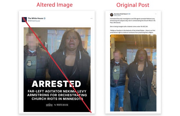 Side-by-side images referenced by CBS: Left, a photo shared by the White House on X was digitally altered to make Nekima Levy Armstrong appear to cry during her arrest; Right, an earlier image posted by Homeland Security Secretary Kristi Noem shows Armstrong with a neutral expression.