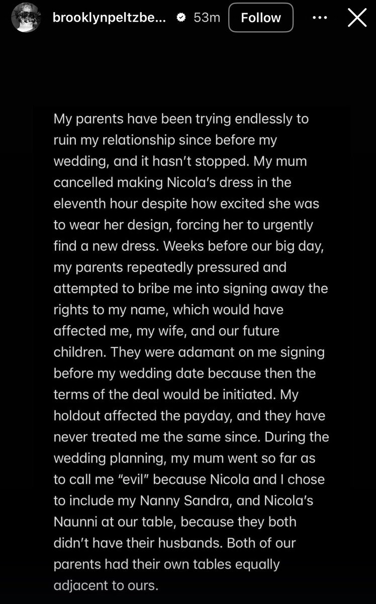 Screenshot collage from @OliLondonTV post discussing claims that Brooklyn Beckham's parents prioritized publicity and allegedly impacted his relationship.