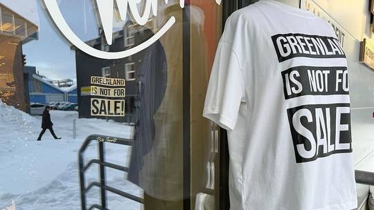 T-shirts reading "Greenland is not for sale" on display in Nuuk, Greenland, January 14, 2026.
