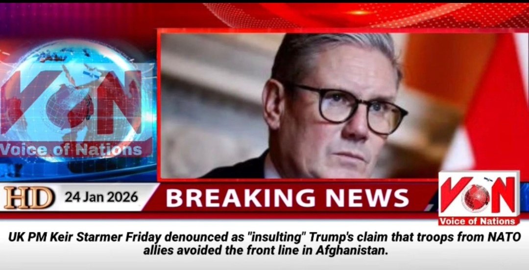 Headline card from X/@VoiceOfNations7: Starmer calls Trump's Afghanistan claim about NATO allies 'insulting'.