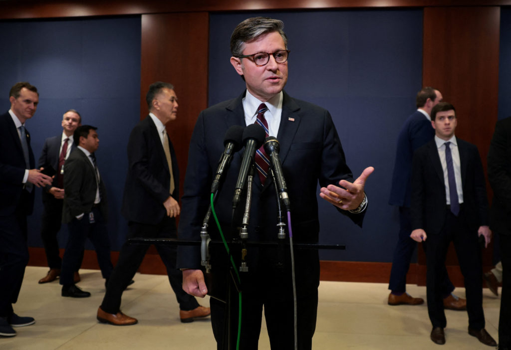 House Speaker Mike Johnson speaks to reporters at the U.S. Capitol.