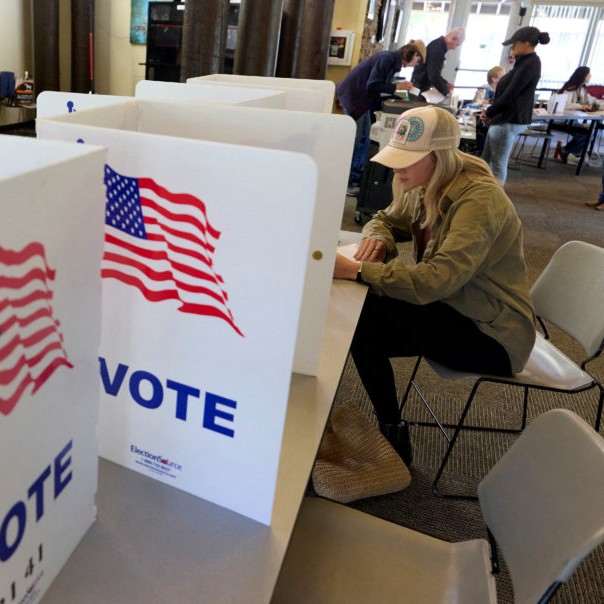 Left: FILE PHOTO: A voter fills out a ballot at an El Dorado County polling station during California's special election on Proposition 50, in El Dorado Hills, California, Nov. 4, 2025. Photo by Fred Greaves/Reuters - pbs