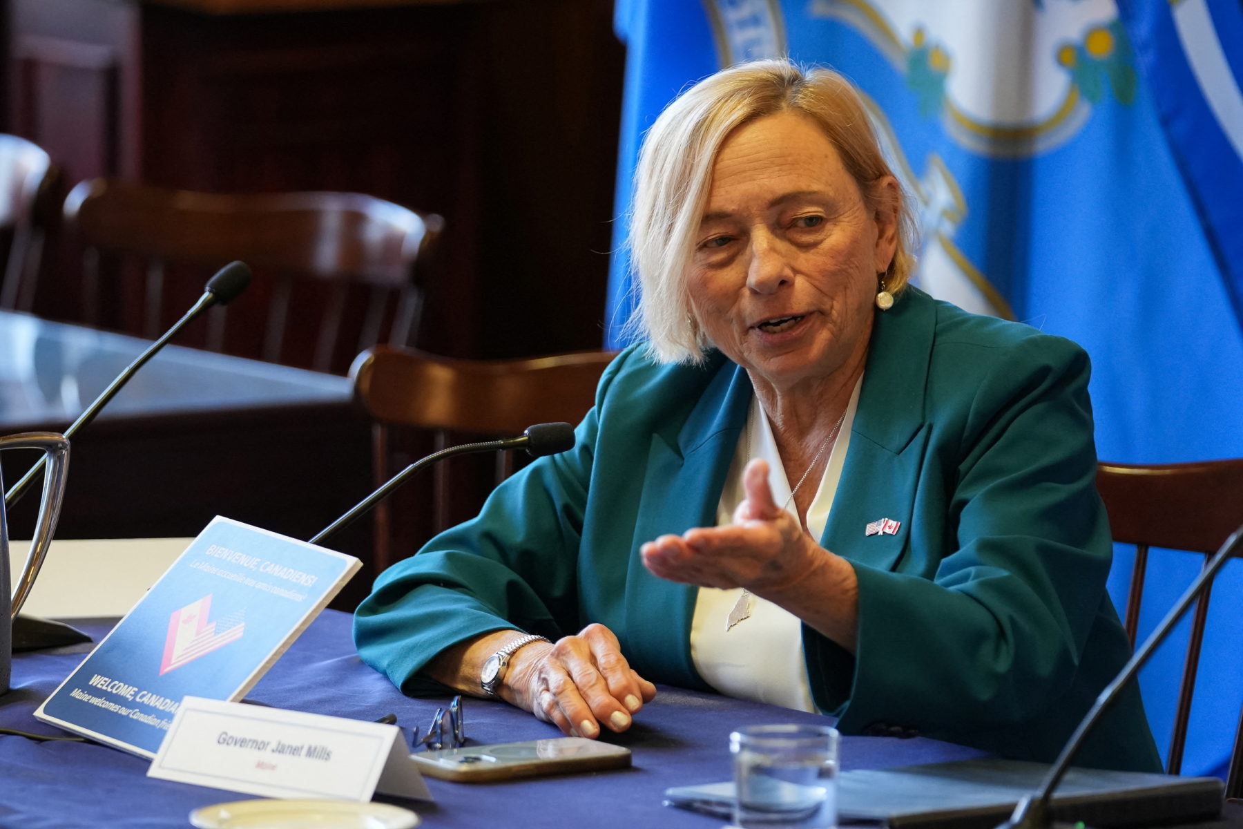 Maine Gov. Janet Mills speaks during a 2025 meeting in Boston. Sophie Park/Reuters