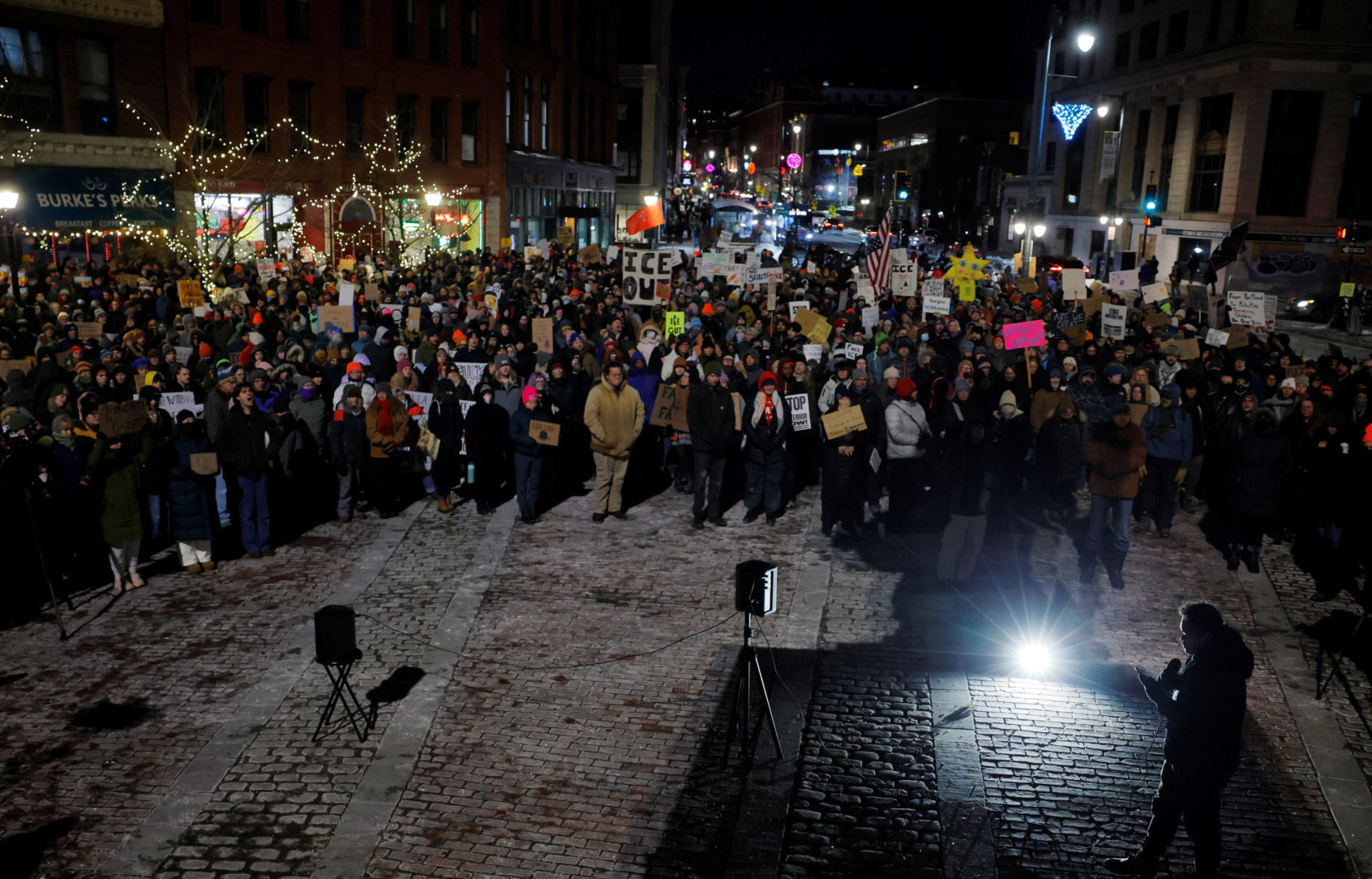 A crowd of demonstrators gather for a protest in Portland, Maine, against increased federal immigration enforcement