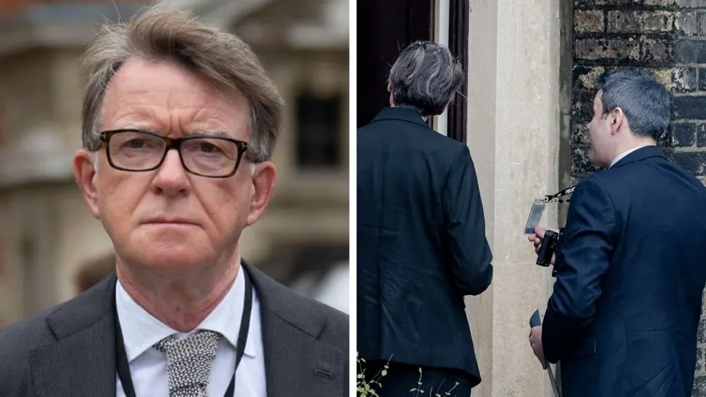 Peter Mandelson and plain clothes police arriving at a London address linked to him