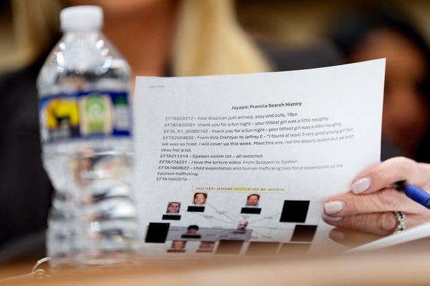 Pam Bondi holds a sheet labeled 'Jayapal Pramila Search History' during the House Judiciary Committee hearing.