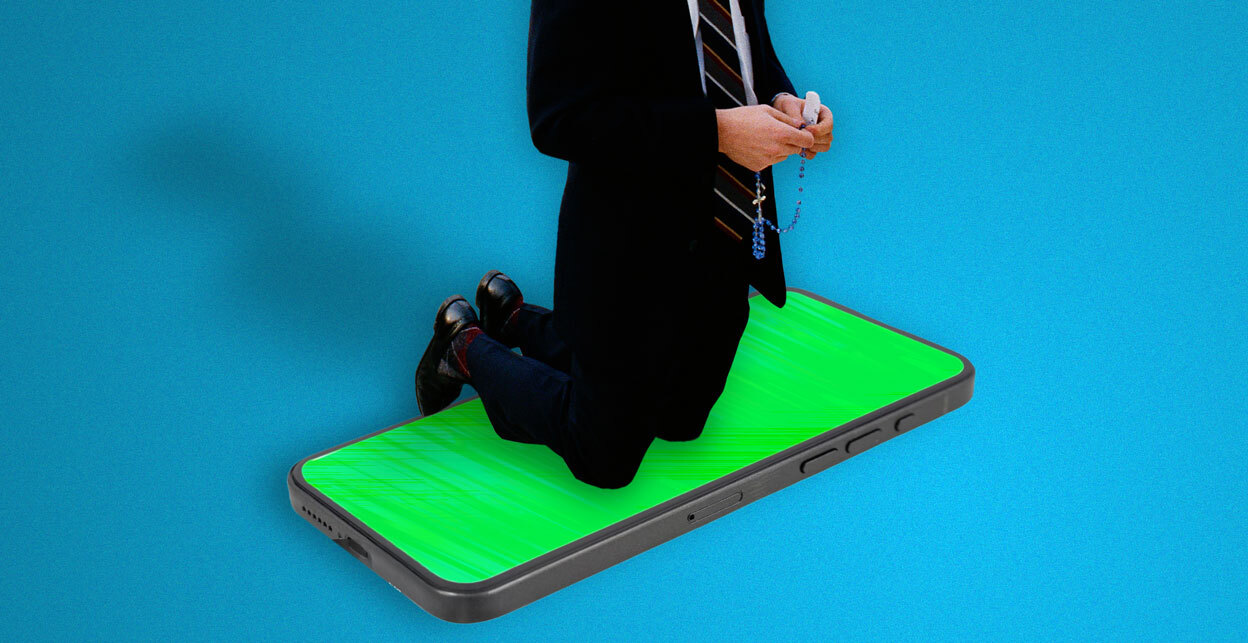 Conceptual illustration of a person kneeling on a smartphone over a digital background