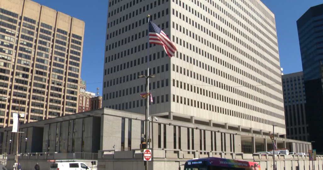 U.S. Immigration and Customs Enforcement facility with American flag