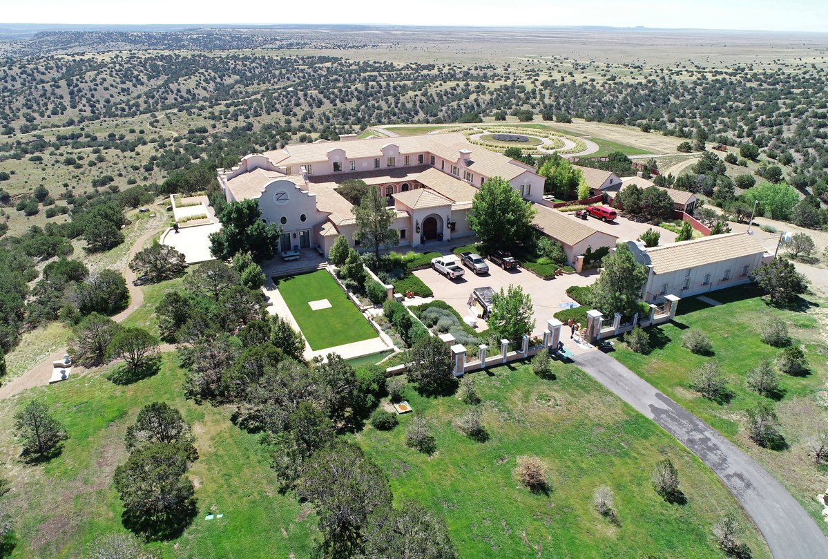 Aerial image highlighting Zorro Ranch's central buildings and courtyard, a focal point in renewed New Mexico inquiries.