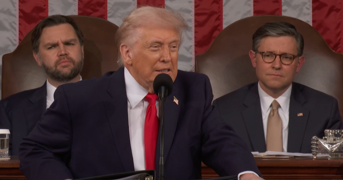 Trump speaking at the podium during the State of the Union, outlining Iran policy.