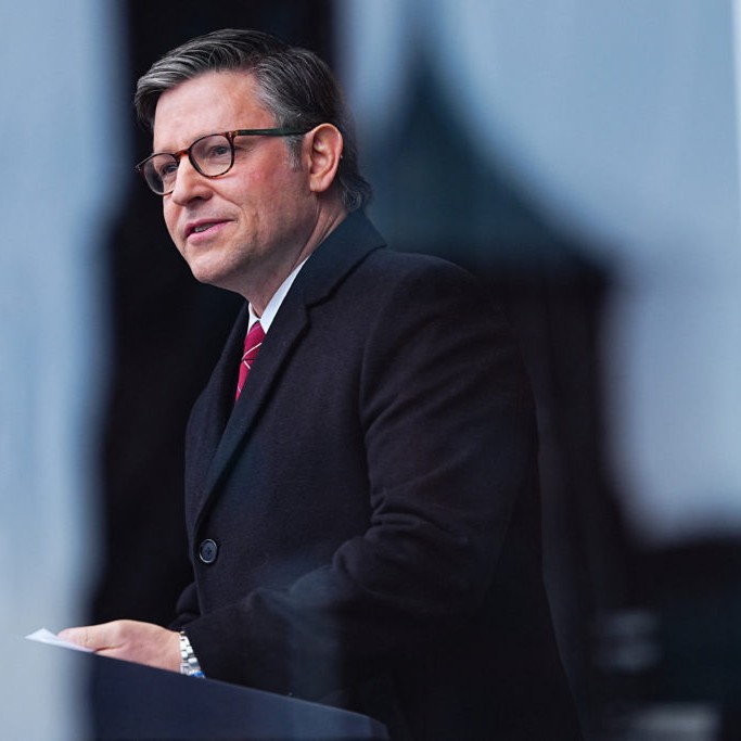 Left: U.S. House Speaker Mike Johnson (R-LA) speaks during the annual "March for Life" in Washington, D.C., U.S., January 23, 2026. File photo by Aaron Schwartz/Reuters - pbs