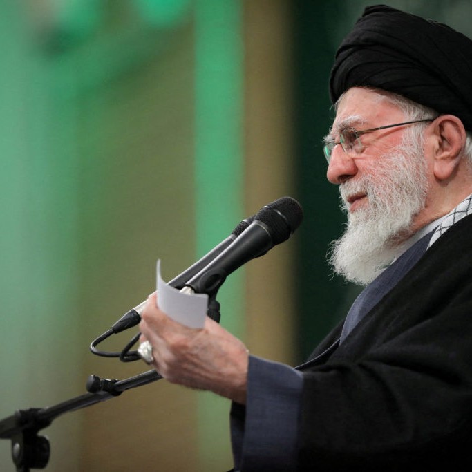Left: File photo: Iran's Supreme Leader Ayatollah Ali Khamenei speaks during a meeting in Tehran, Iran, January 17, 2026. Office of the Iranian Supreme Leader/WANA (West Asia News Agency)/Handout via Reuters - pbs