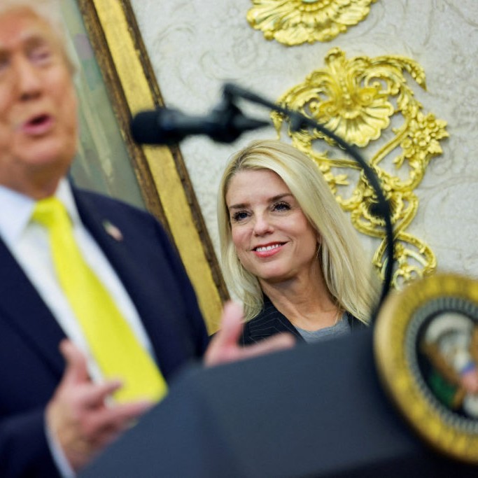 Left: FILE PHOTO: U.S. Attorney General Pam Bondi reacts while President Donald Trump speaks during a press conference in the Oval Office at the White House in Washington, D.C., Oct. 15, 2025. Photo by Jonathan Ernst/Reuters - Jonathan Ernst/Reuters