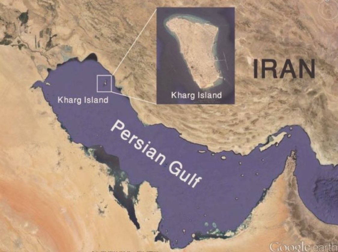 Map highlighting Kharg Island in the Persian Gulf near the Strait of Hormuz and Iran's coastline