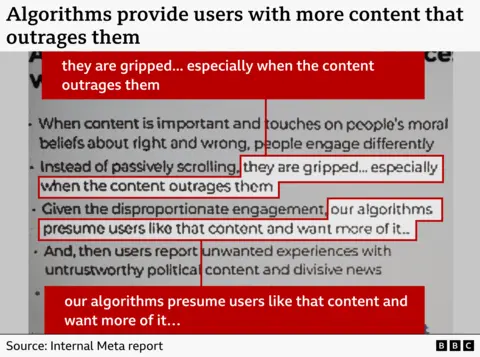 Internal Meta report graphic: 'Algorithms provide users with more content that outrages them,' highlighting engagement incentives.