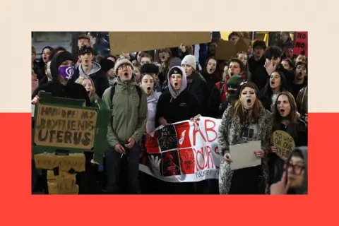 Some students protested against the new anti-abortion society at the University of Manchester in March 2024 - BBC