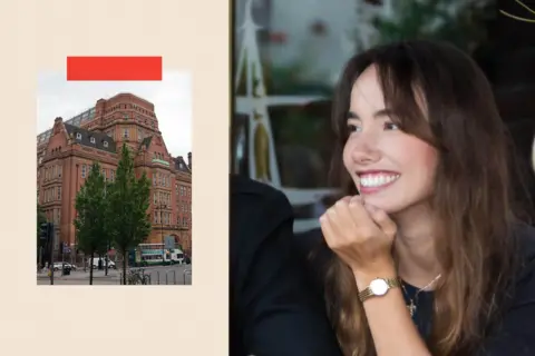 Split image with the University of Manchester building at left and student Inge-Maria Botha at right.