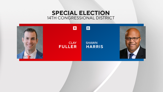 Clay Fuller and Shawn Harris featured in a CBS News graphic about the Georgia 14th District special election runoff.