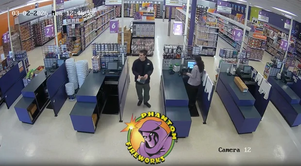 Security camera still appears to show Emir Balat purchasing a roll of safety fuse at Phantom Fireworks in Penndel, Pa., March 2, 2026.