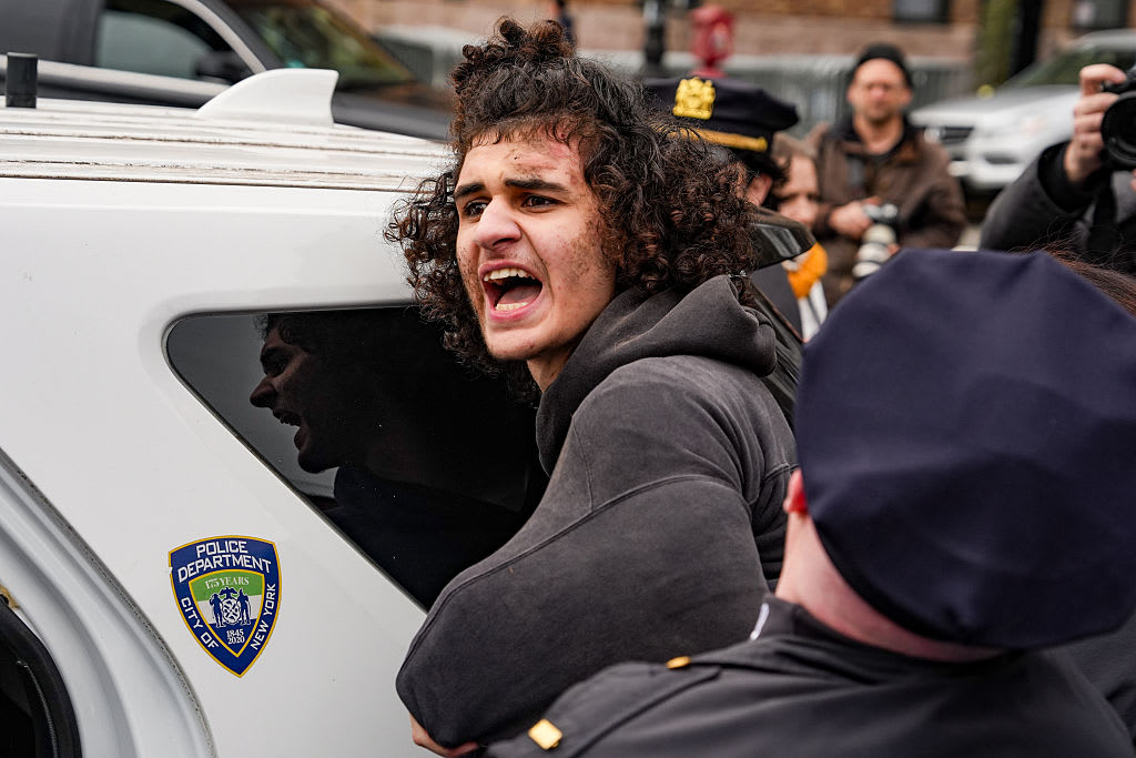 Police detain a demonstrator near an NYPD vehicle amid dueling protests by Gracie Mansion.
