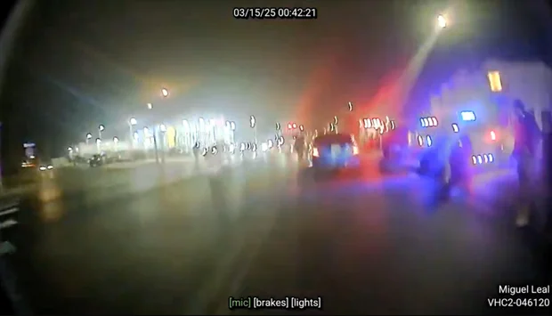 Bodycam still showing an agent at the driver's side of Ruben Ray Martinez's car as the first shot is fired on South Padre Island, March 15, 2025.