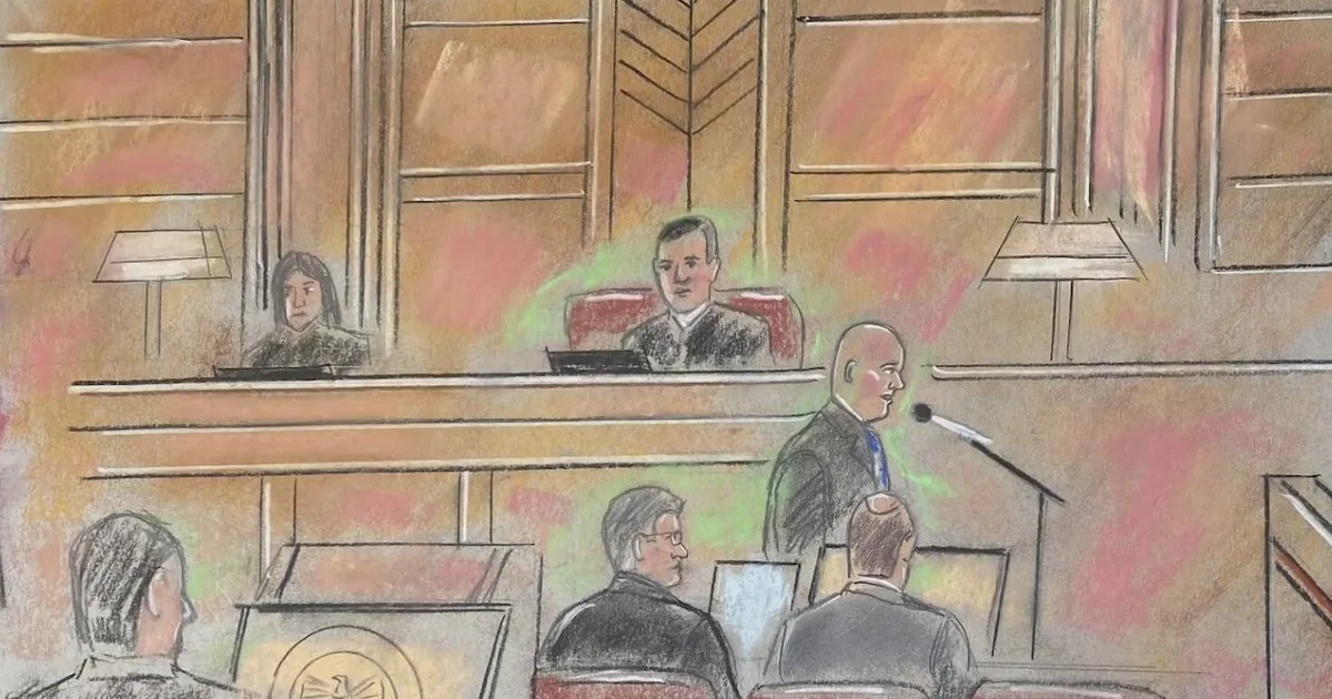 Courtroom sketch of a judge and attorney, reflecting grand jury proceedings in the case.