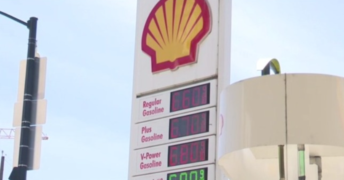 Gas price sign at a Shell station amid volatile fuel costs.