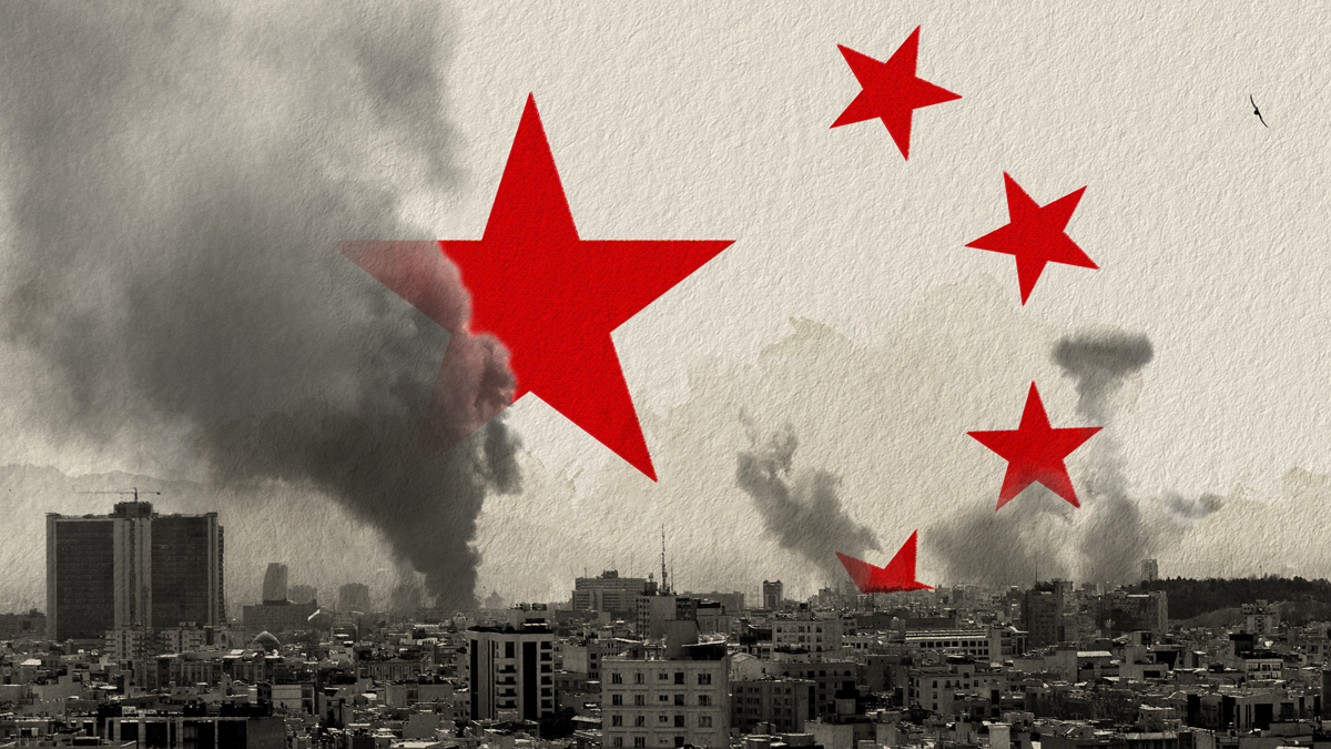 Conceptual illustration of a city under bombardment, representing risks to regional logistics hubs such as Kuwait.