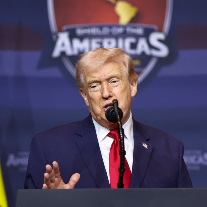 Left: U.S. President Donald Trump speaks at the "Shield of the Americas" Summit in Miami, Florida, U.S., March 7, 2026. File photo by Kevin Lamarque/Reuters - Kevin Lamarque/Reuters