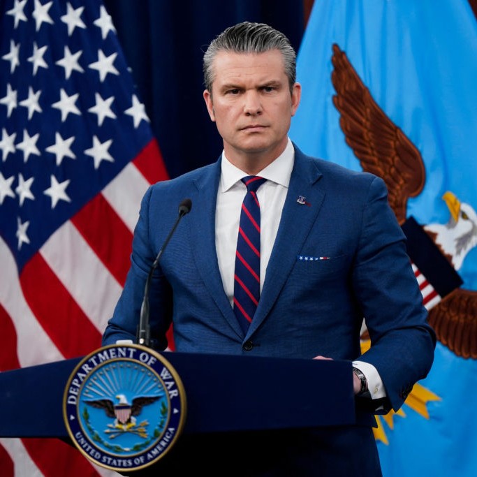 Left: Defense Secretary Pete Hegseth holds a briefing amid the U.S.-Israeli conflict with Iran, at the Pentagon in Washington, D.C., March 2, 2026. Photo by Elizabeth Frantz/Reuters - Elizabeth Frantz/Reuters