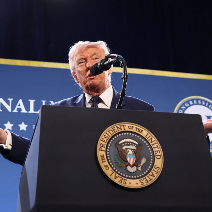 Left: President Donald Trump delivers remarks Monday to members of the Republican Party at Trump National Doral Miami in Florida. Photo by Kevin Lamarque/Reuters - Kevin Lamarque/Reuters