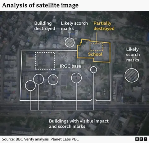 Annotated satellite imagery showing scorch marks after a strike on a school in Minab, Iran, used by BBC Verify.
