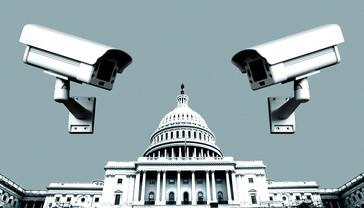 U.S. Capitol dome framed by surveillance cameras, symbolizing political oversight and investigations.