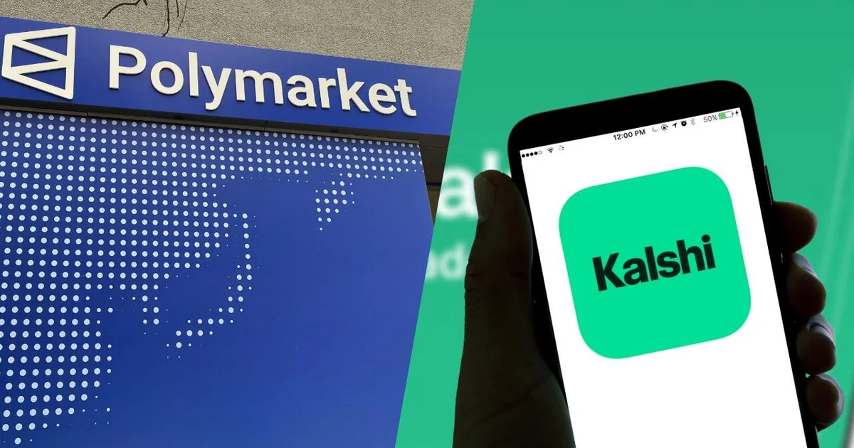 Split image showing Polymarket signage and the Kalshi app, illustrating two leading prediction market platforms