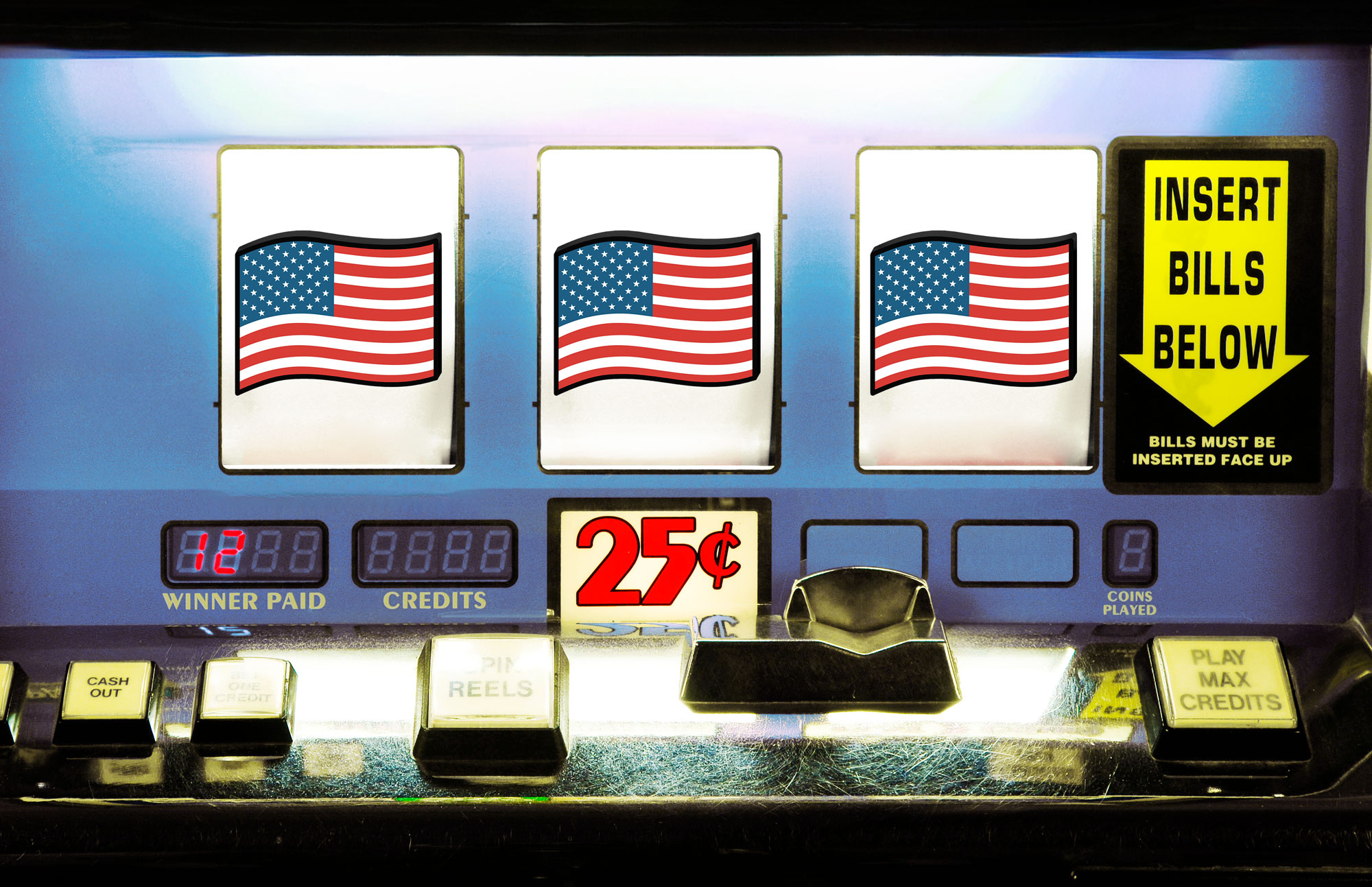 Slot machine with American flag motif symbolizing political gambling and prediction markets